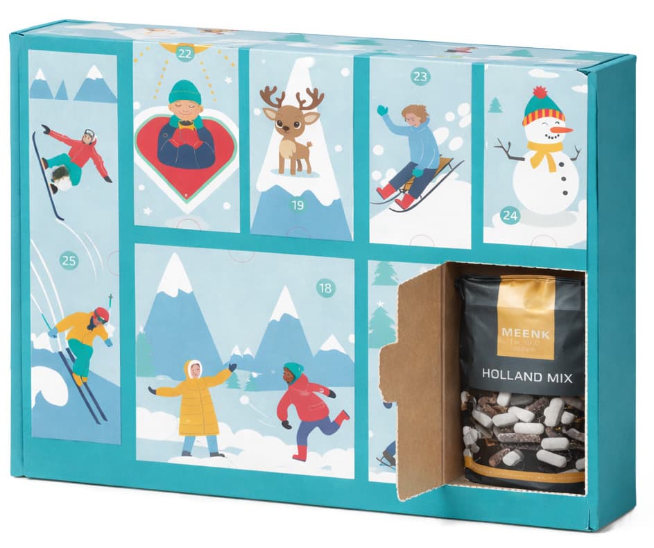 Gepersonaliseerde adventskalender voorbeeld Gepersonaliseerde adventskalender als kerstpakket voorbeeld met eigen ontwerp